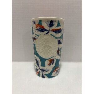Starbucks 2016 Blue Pink White Floral Ceramic Tumbler Mug Embossed Logo 12 oz